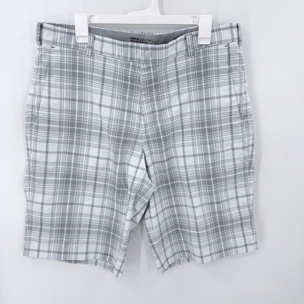 Nike Golf Tour Performance Dri-FIT Plaid Shorts Mens 36 Grey White Check